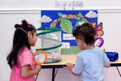 Two children observe a butterfly life cycle diorama with labeled stages 'Egg' and 'Caterpillar' on a blue display board at a table in a classroom setting.